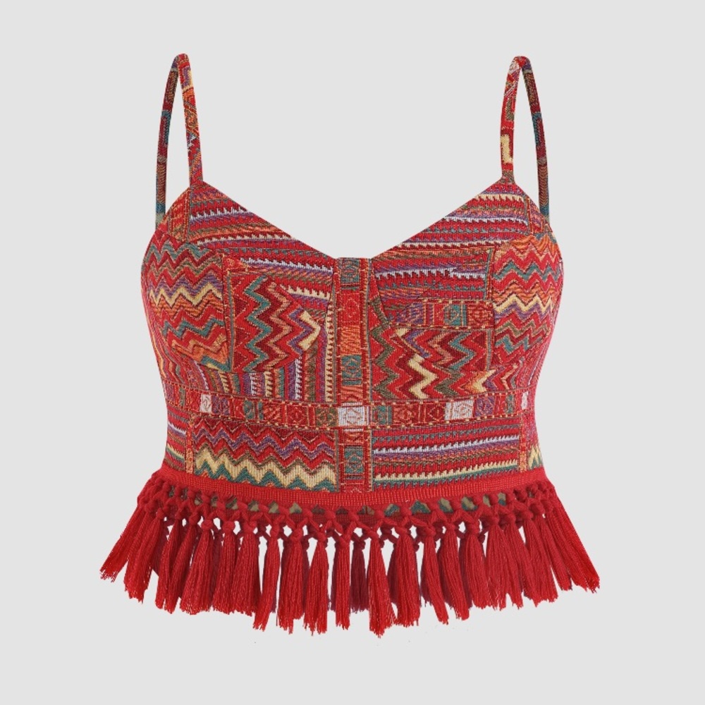 Brand new! Cider boho red geometric corset tank top with tassel detail